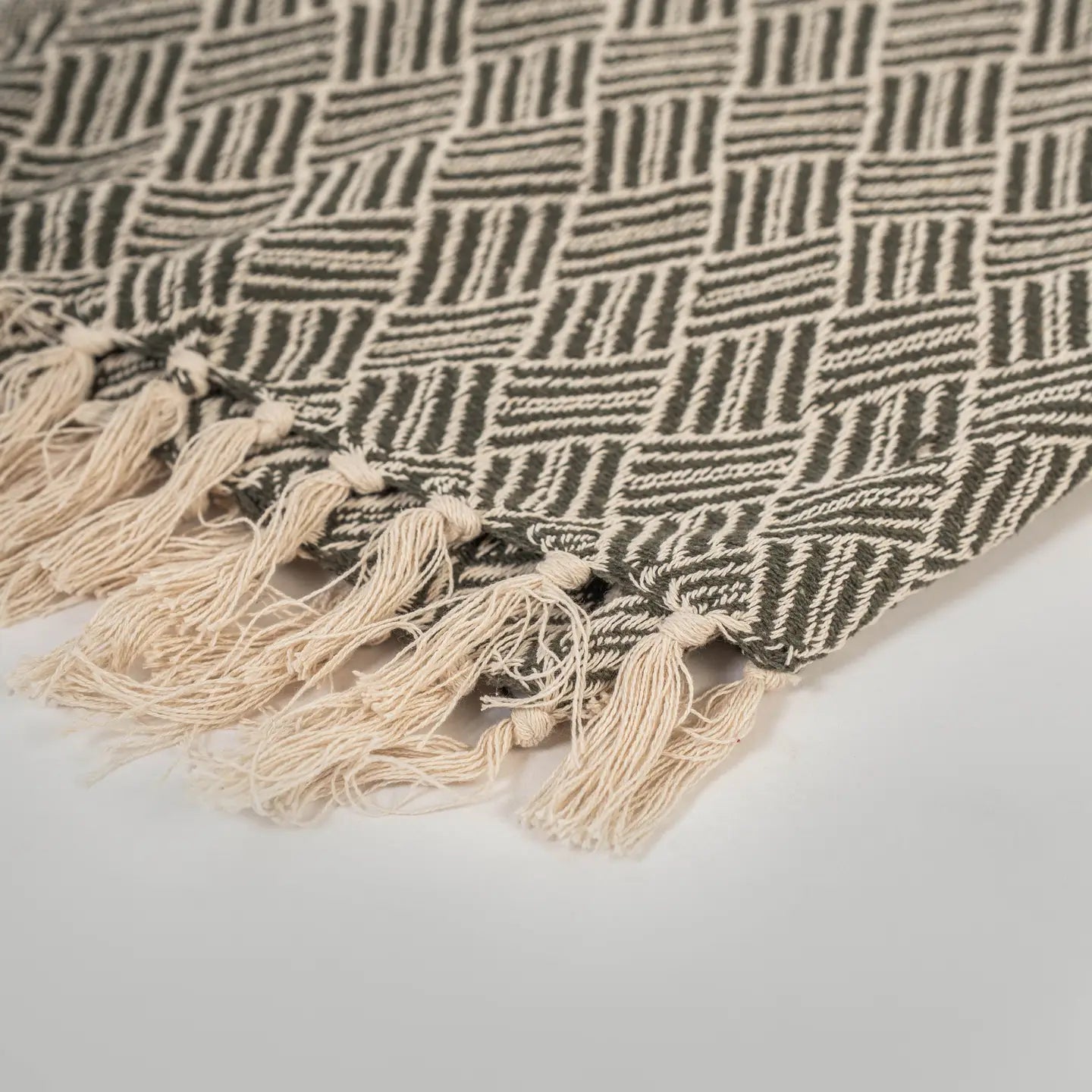 Soft-Recycled Handwoven Throw - Olive Green & Natural