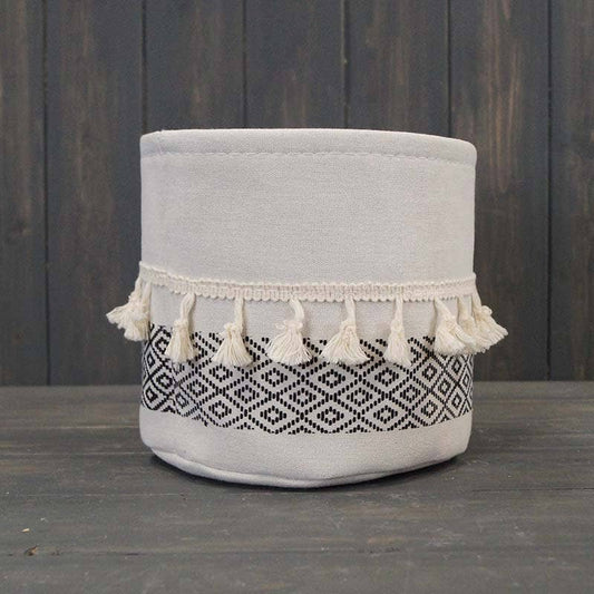 Large Cylinder White And Black Cotton Planter With Tassels