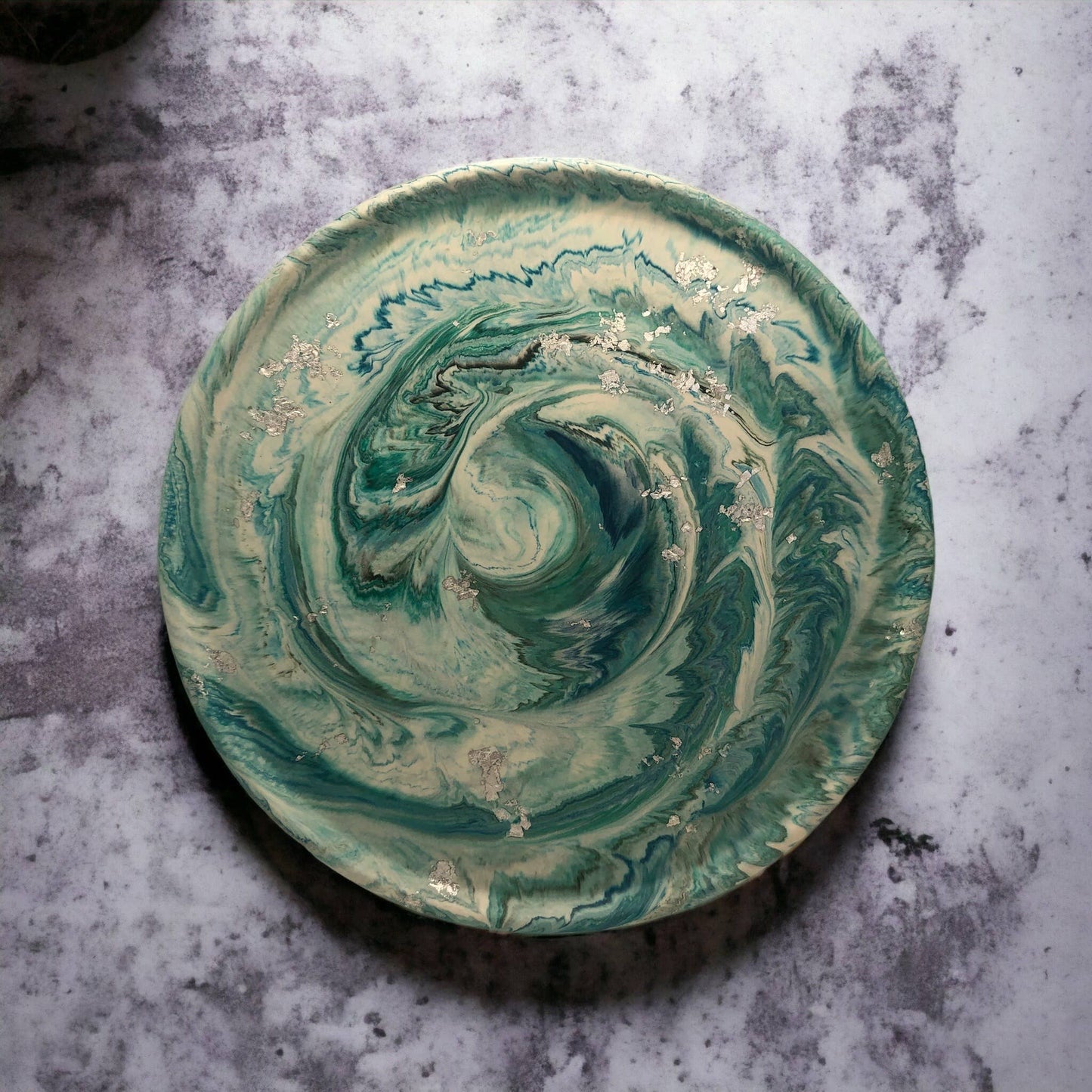 Handmade Jesmonite Large Circle Tray - Green & Blue Marble