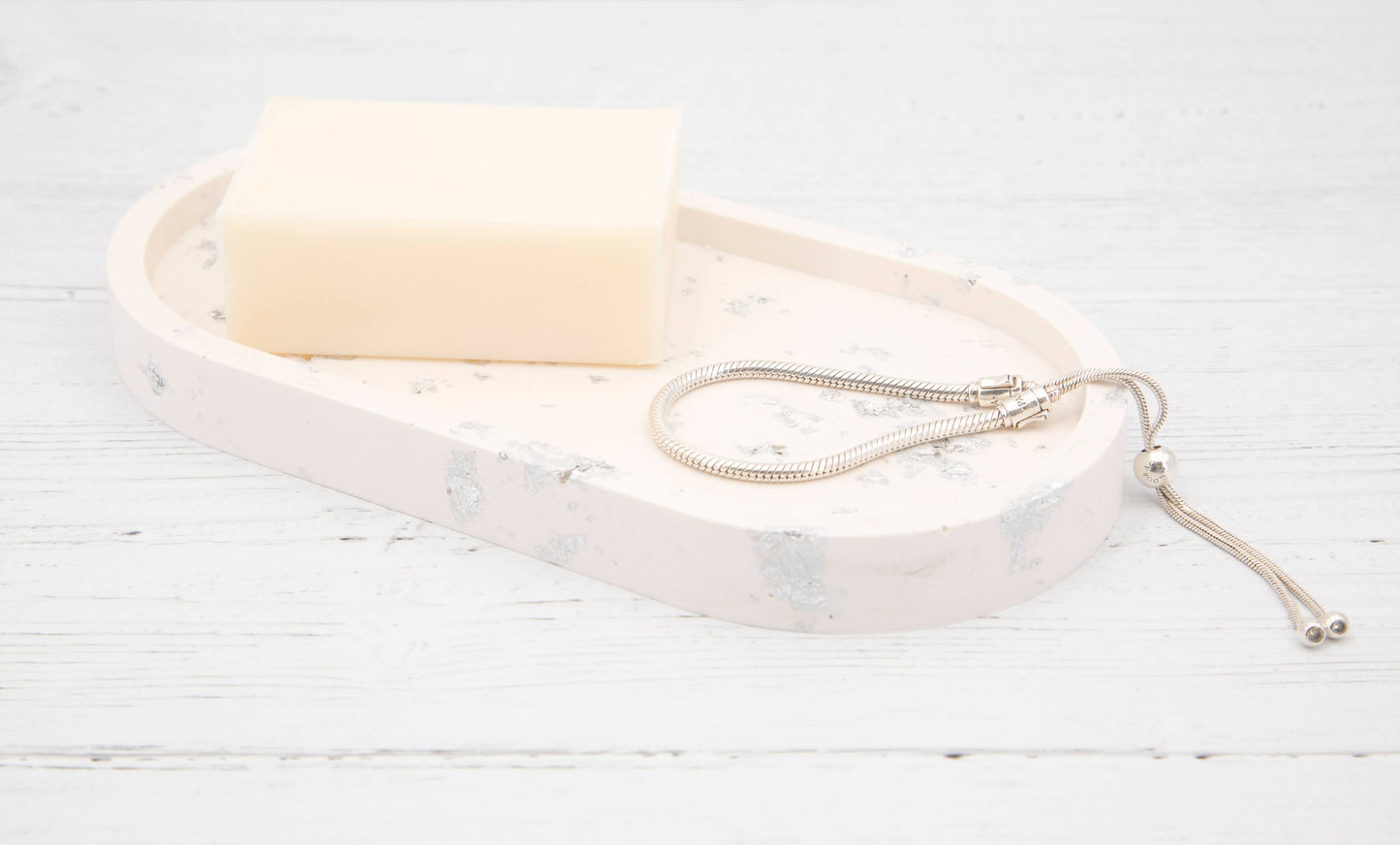 Handmade Jesmonite Oval Tray - White with Silver Leaf