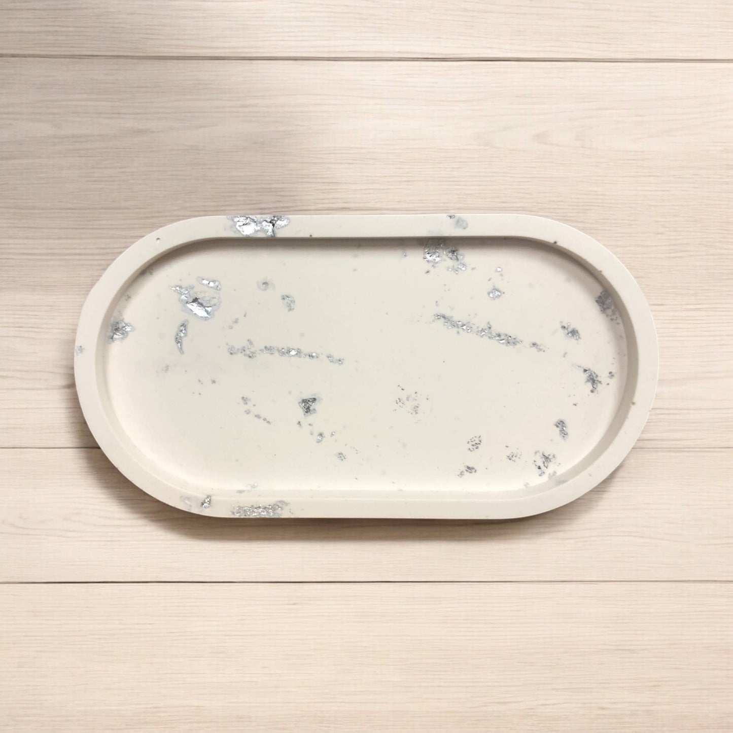 Handmade Jesmonite Oval Tray - White with Silver Leaf
