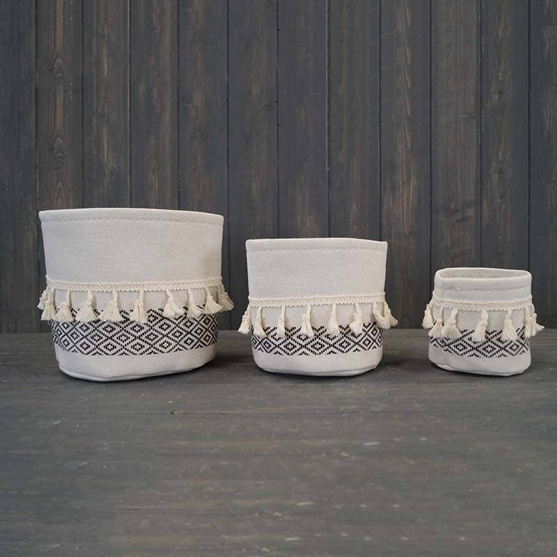 Large Cylinder White And Black Cotton Planter With Tassels