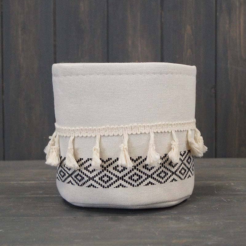 Medium Cylinder White And Black Cotton Planter With Tassels