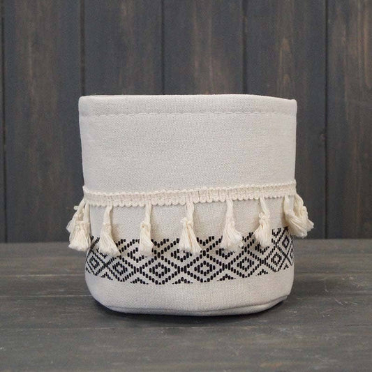 Medium Cylinder White And Black Cotton Planter With Tassels