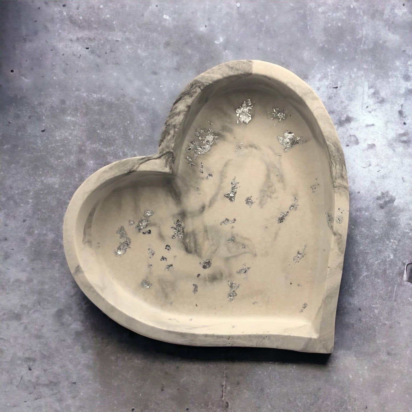 Handmade Jesmonite Heart Dish - Grey Marble With Silver Leaf