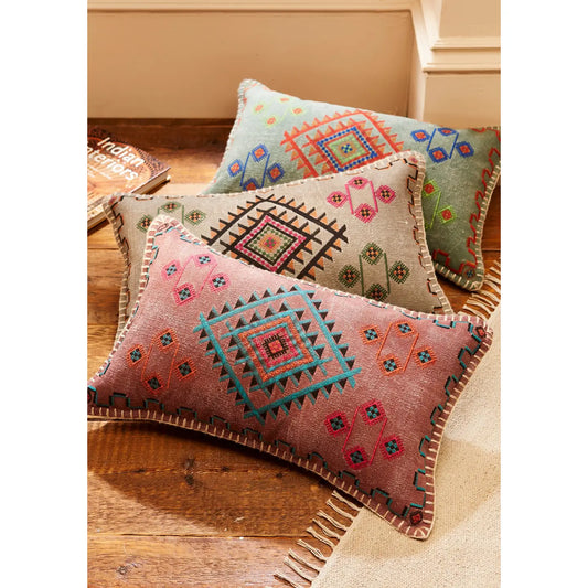 Satara Embroidered Stone Wash Cushion Cover - Teal