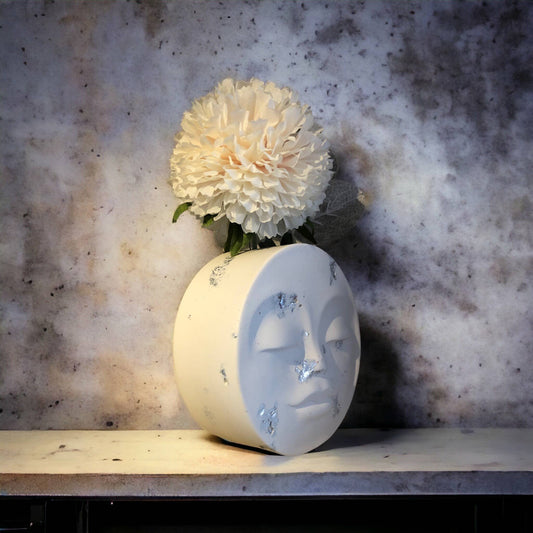 Handmade Jesmonite Standing Face  Pot/Vase - White/Silver
