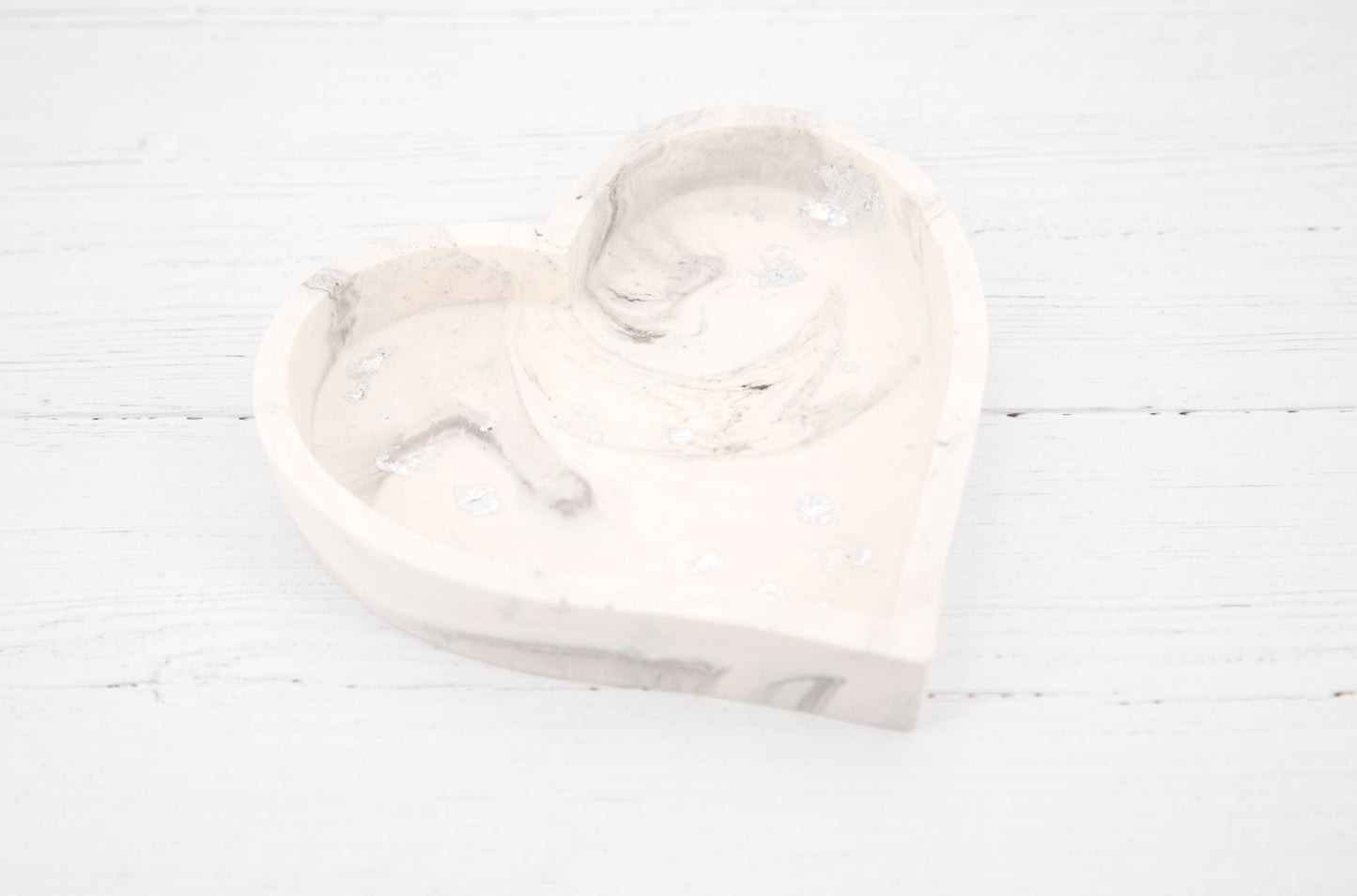 Handmade Jesmonite Heart Dish - Grey Marble With Silver Leaf