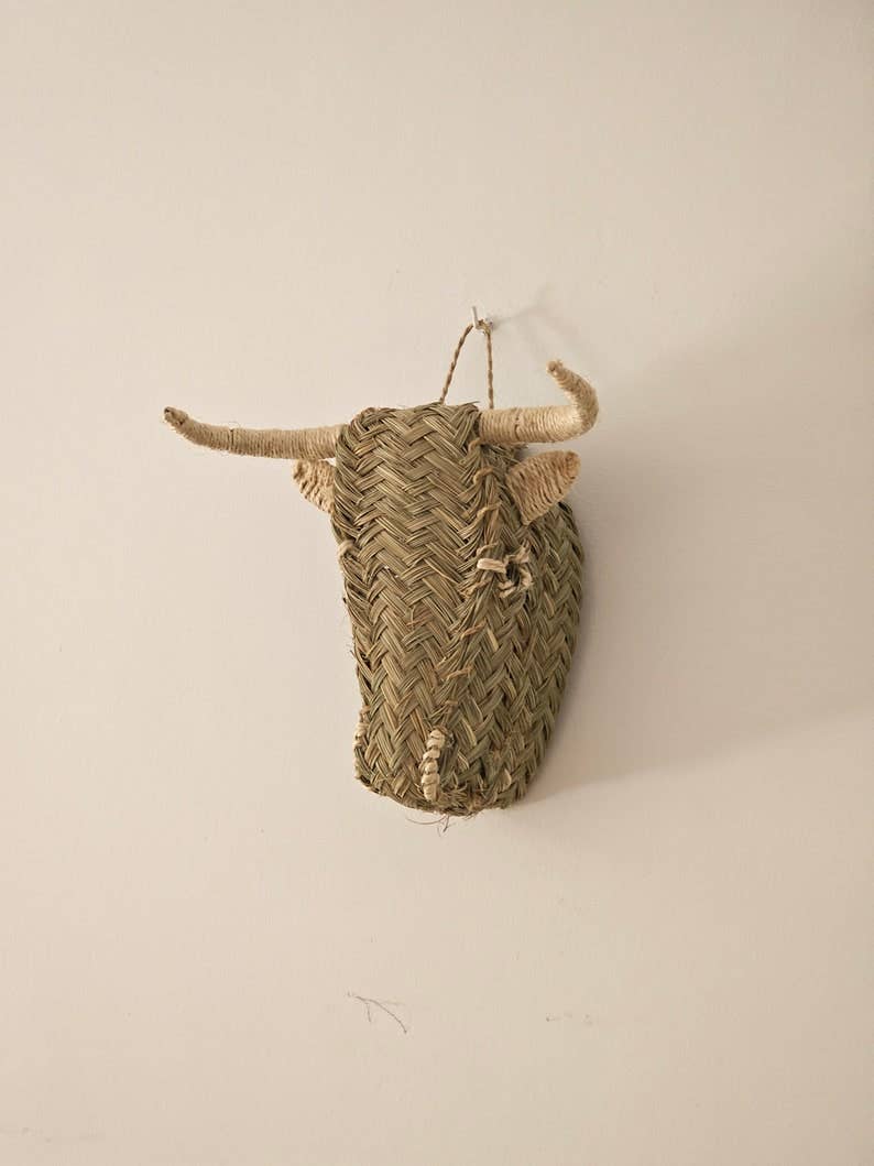 Handwoven Palm Leaf Straw Bull Head - Wall Decor