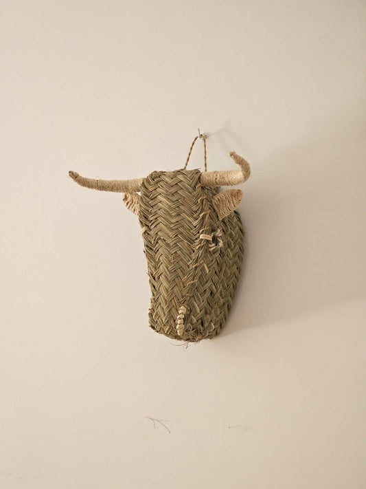 Handwoven Palm Leaf Straw Bull Head - Wall Decor