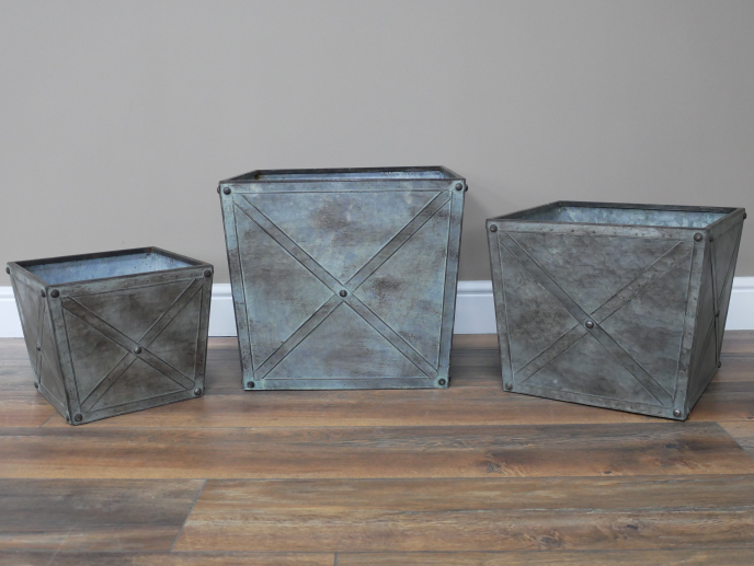 Set of 3 Galvanised Cross Banded Planters