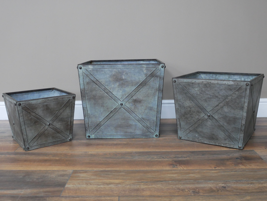 Set of 3 Galvanised Cross Banded Planters