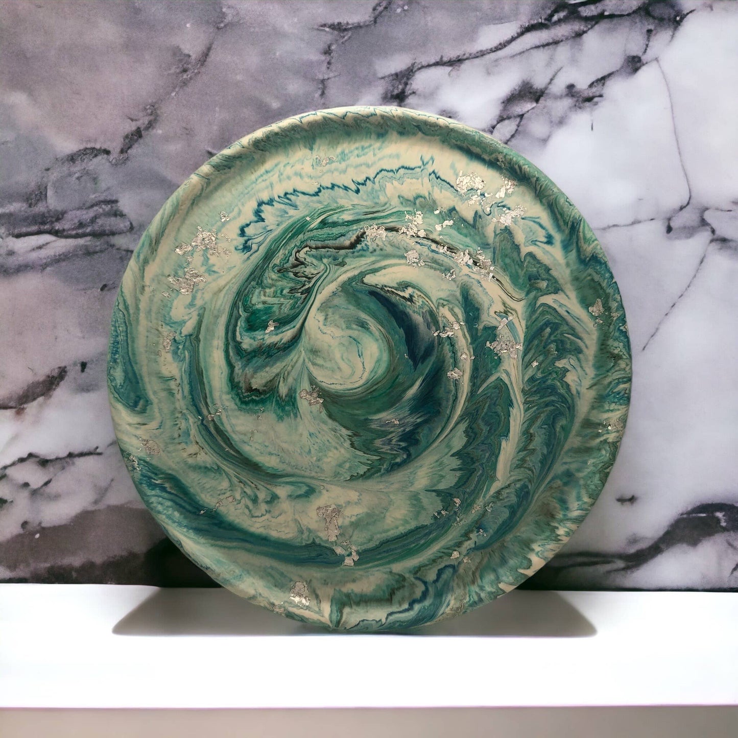Handmade Jesmonite Large Circle Tray - Green & Blue Marble