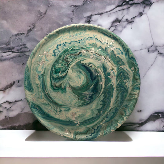 Handmade Jesmonite Large Circle Tray - Green & Blue Marble