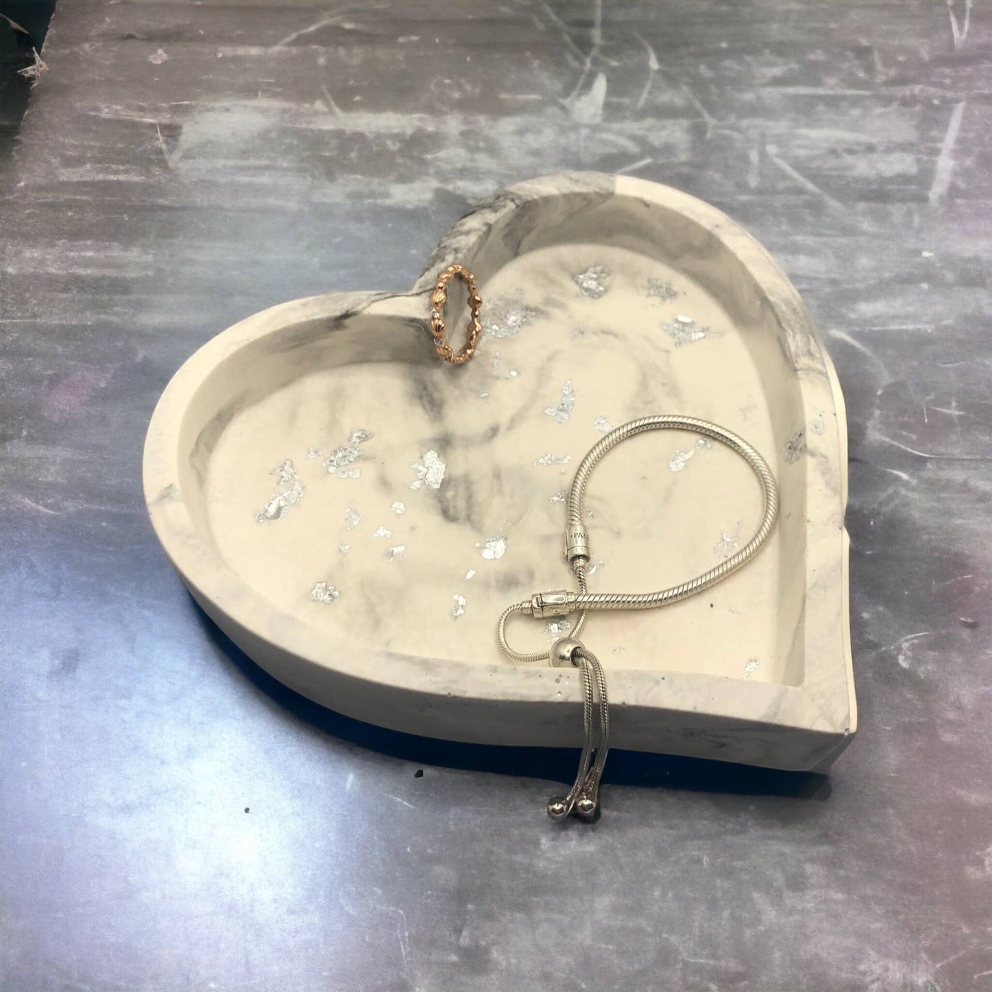 Handmade Jesmonite Heart Dish - Grey Marble With Silver Leaf