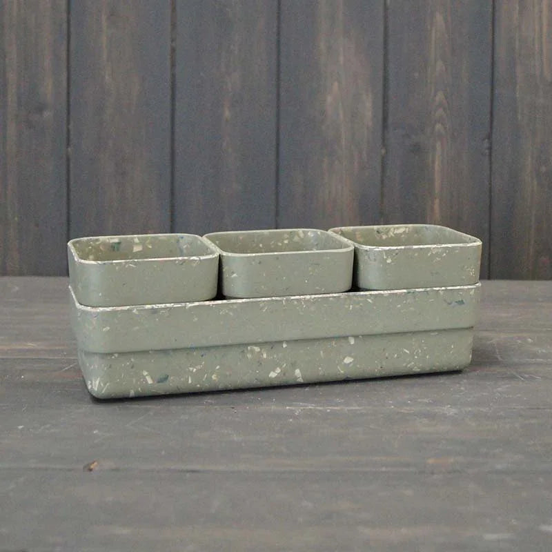 Earthy Sage Bamboo Terrazzo Trio Pots with Tray 23cm x 7.5cm H7.5cm