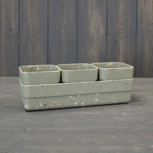 Earthy Sage Bamboo Terrazzo Trio Pots with Tray 23cm x 7.5cm H7.5cm