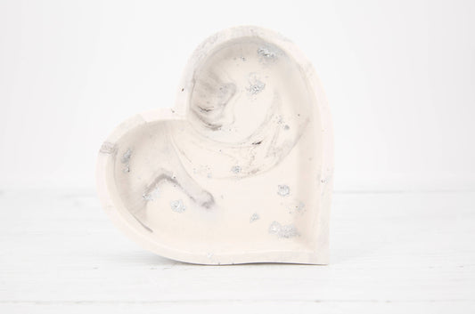 Handmade Jesmonite Heart Dish - Grey Marble With Silver Leaf