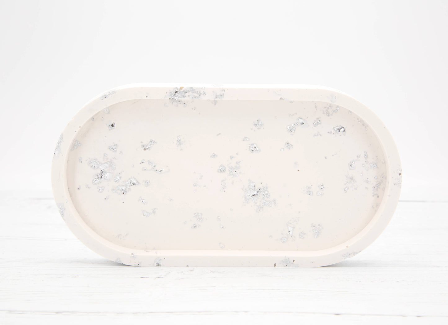 Handmade Jesmonite Oval Tray - White with Silver Leaf
