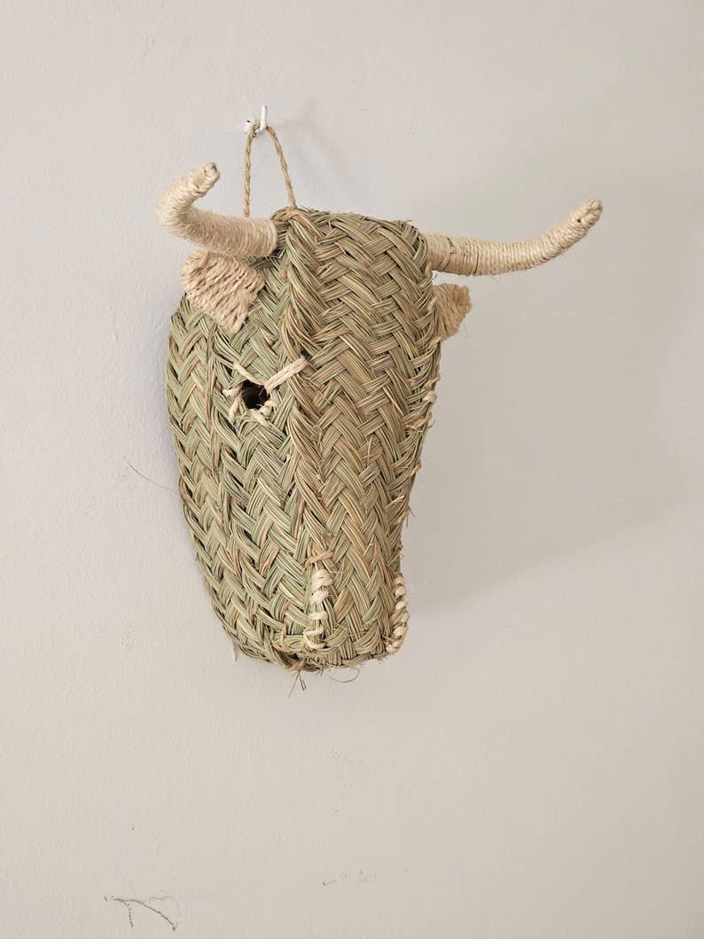 Handwoven Palm Leaf Straw Bull Head - Wall Decor