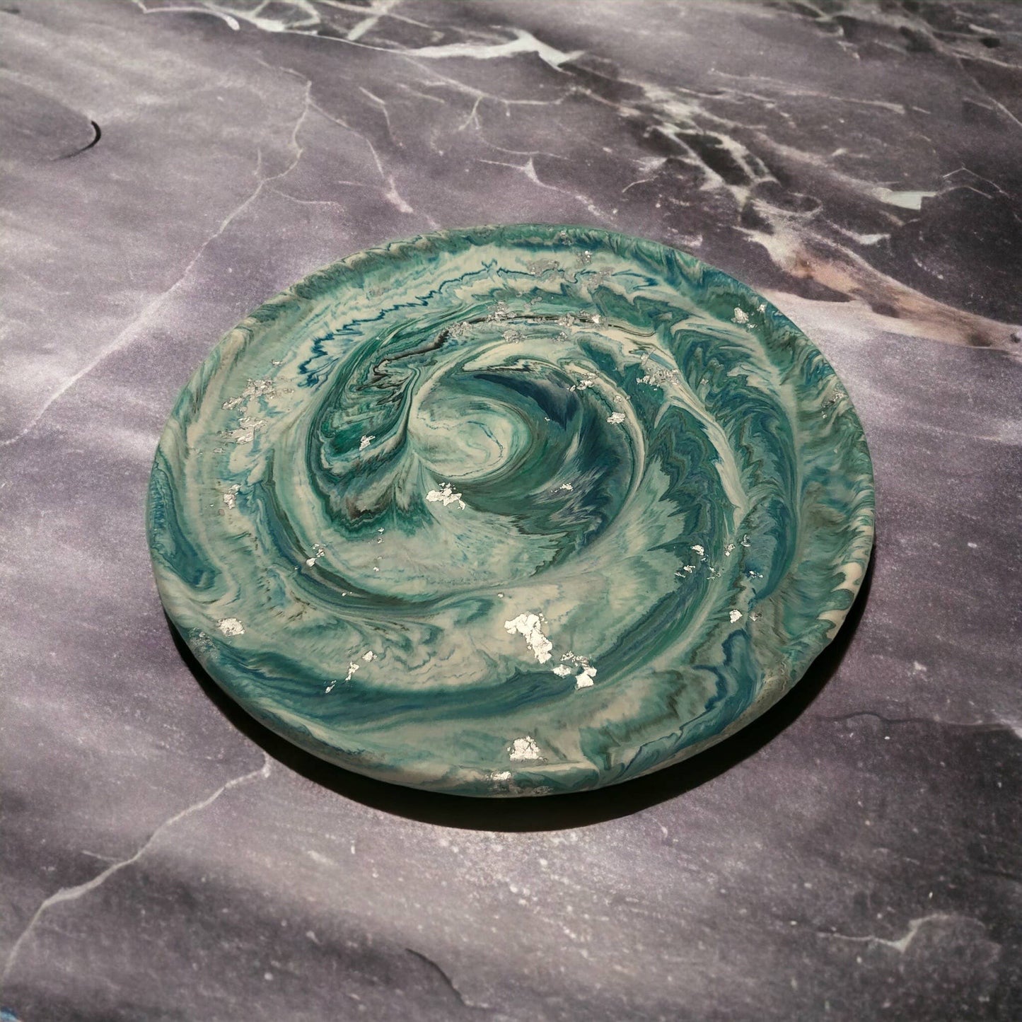 Handmade Jesmonite Large Circle Tray - Green & Blue Marble