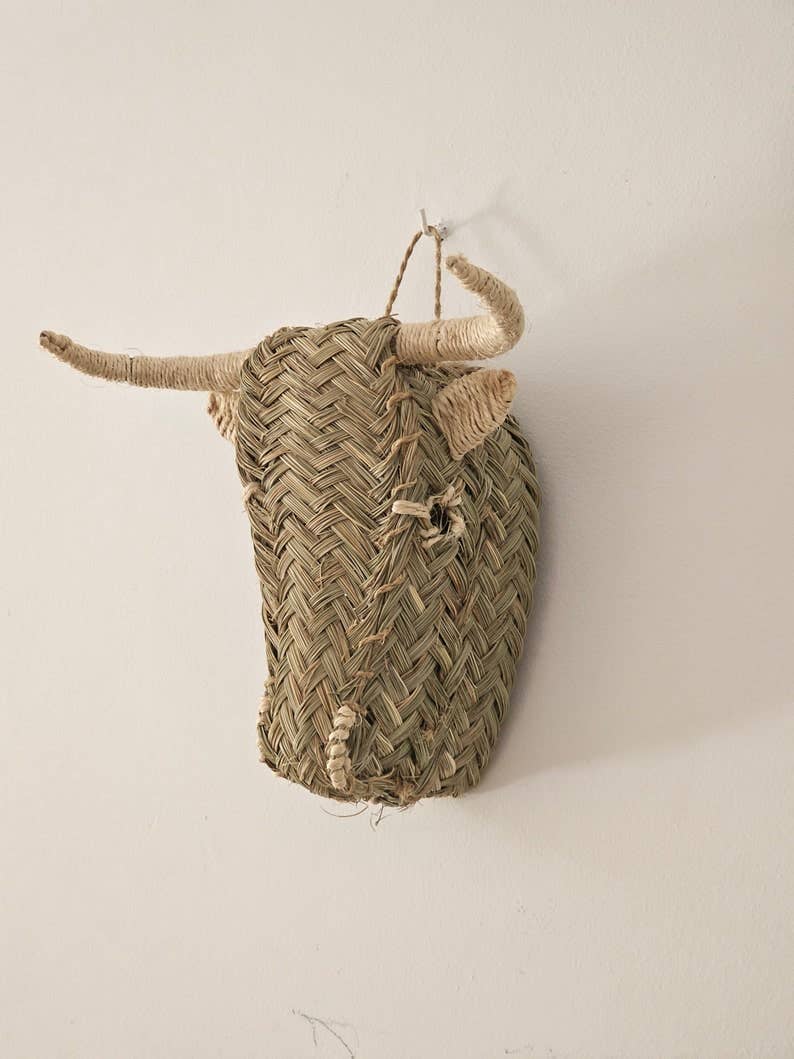 Handwoven Palm Leaf Straw Bull Head - Wall Decor