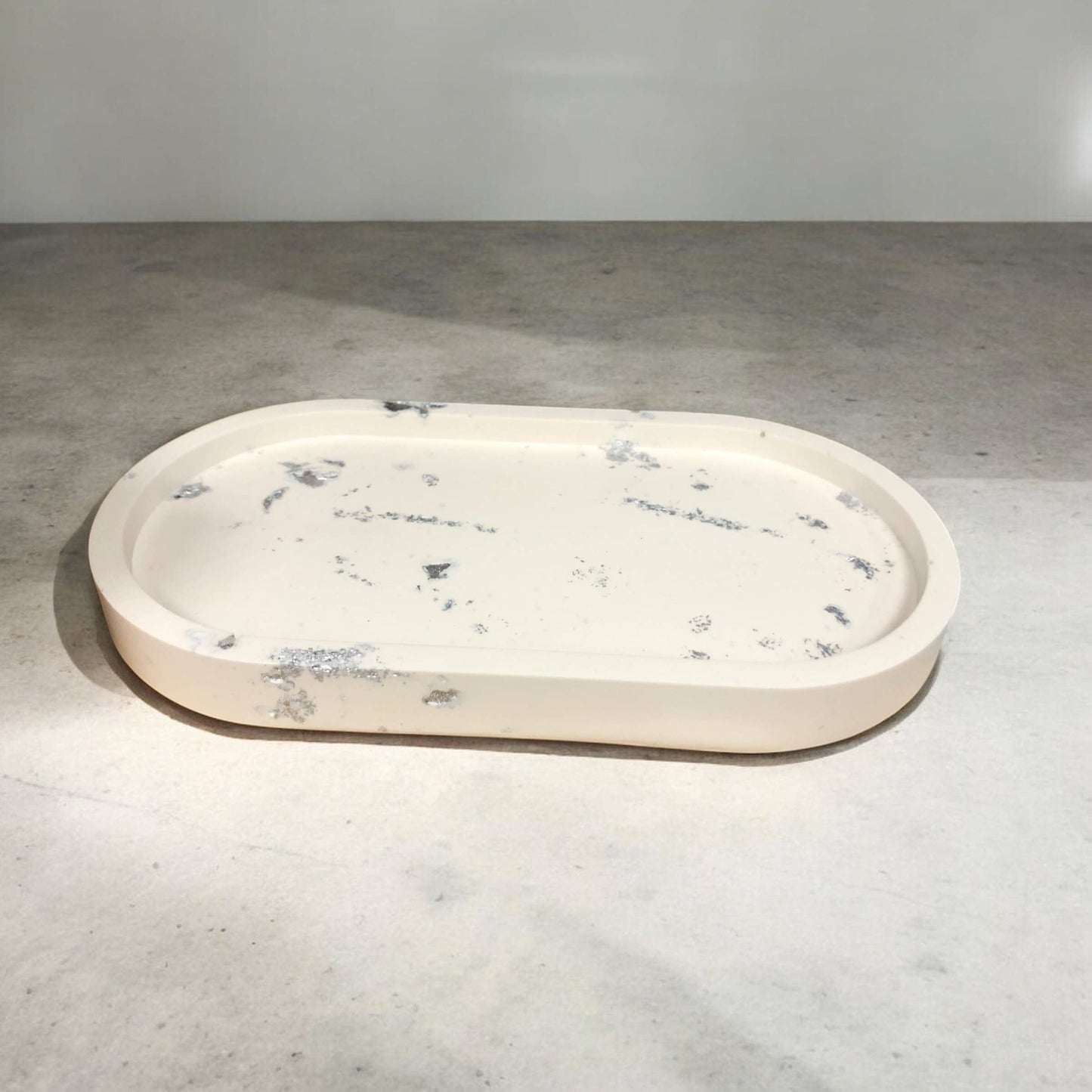 Handmade Jesmonite Oval Tray - White with Silver Leaf